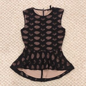 BCBGMaxAzria Black and Tan Lace Overlay Peplum Blouse